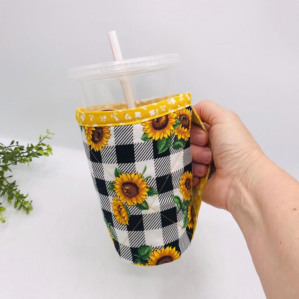Drink Coozie w Handle Hot or Iced Drinks Cozy Insulated Sunflowers Buffalo Check